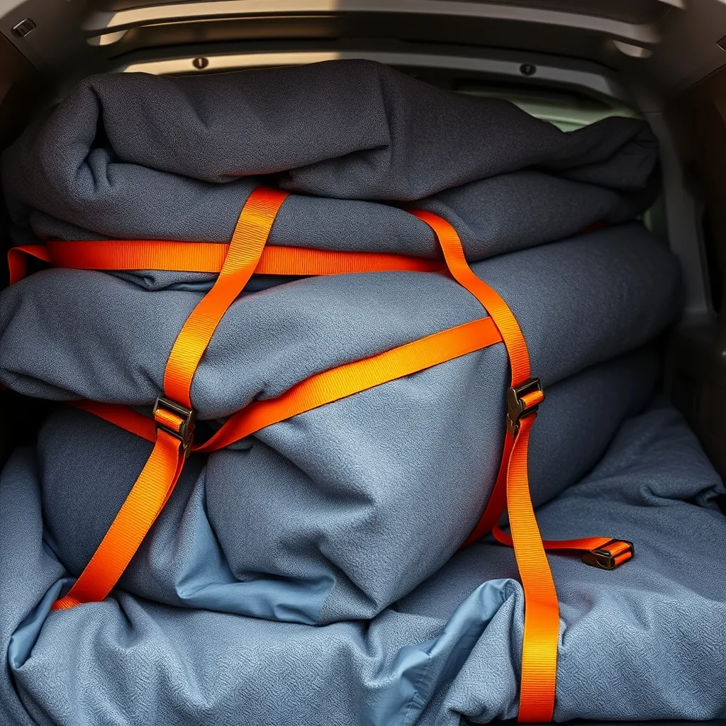 Furniture wrapped in protective blankets secured with orange straps