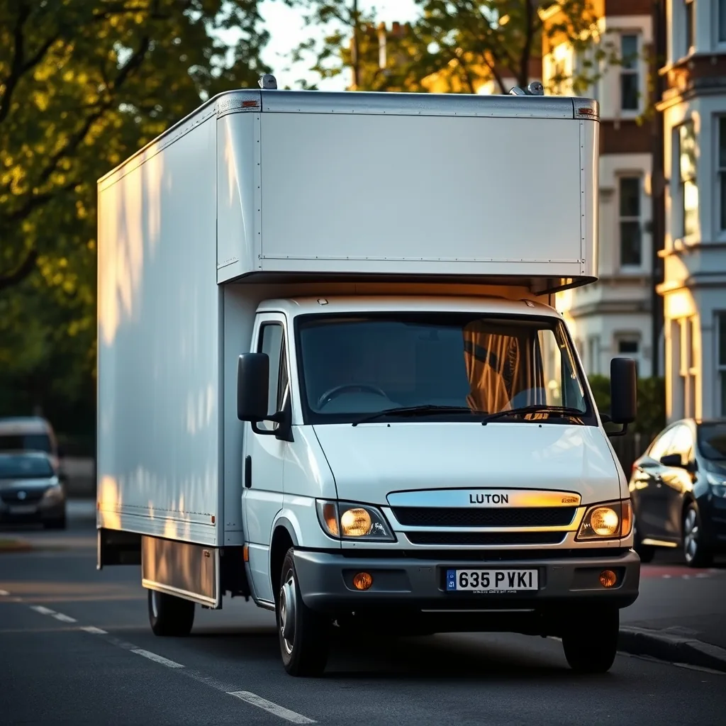 A clean white Luton removals van parked on a London street at golden hour