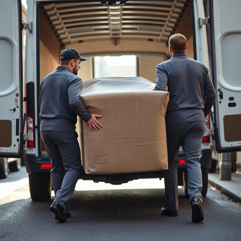 Two movers carrying a blanket-wrapped sofa out to a van
