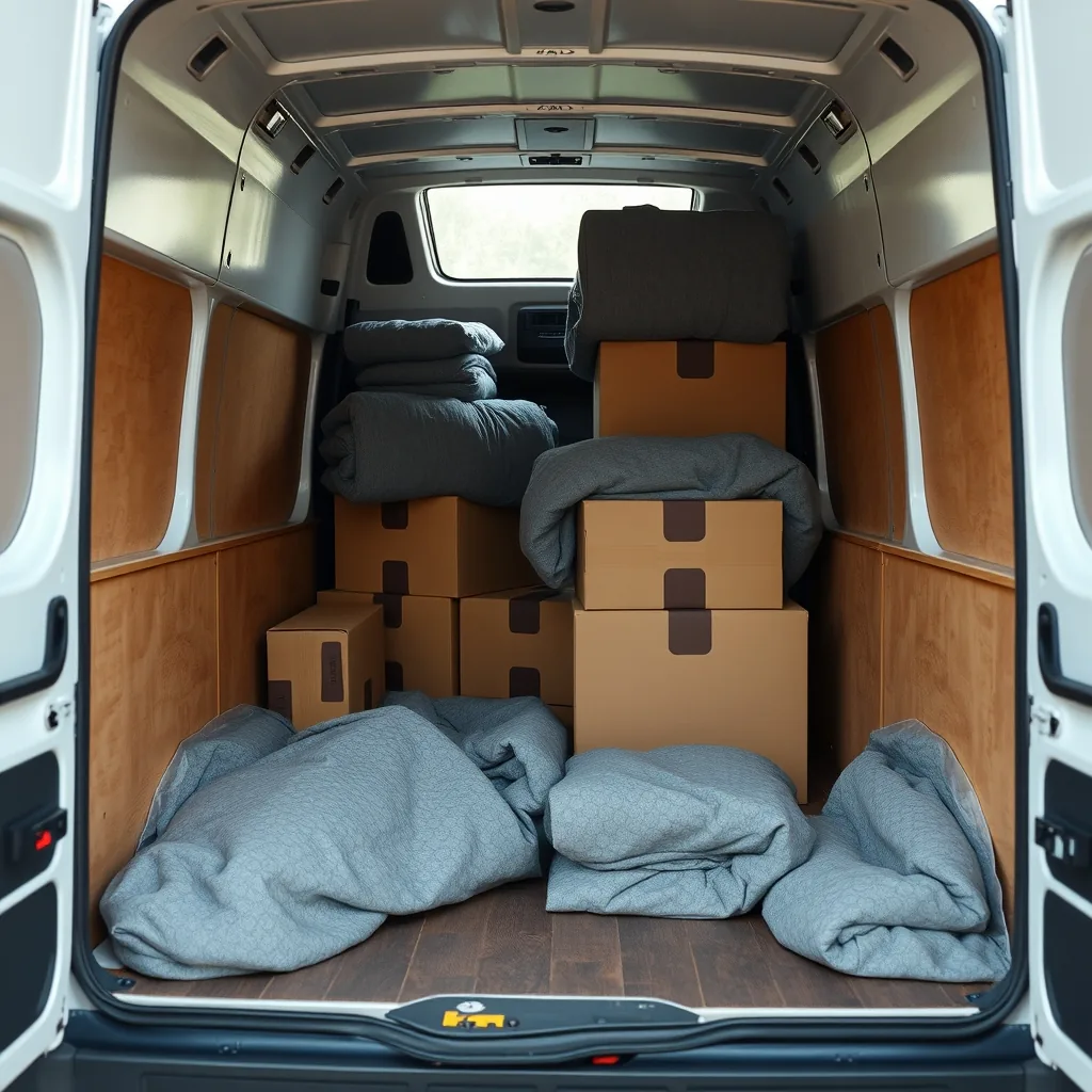 A neatly packed van interior with boxes and blanket-wrapped furniture